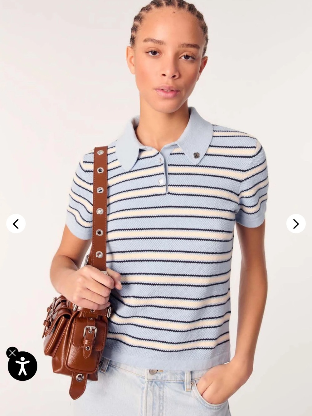 Maje Light Blue Striped Polo Knit Top with Navy and Cream Accents